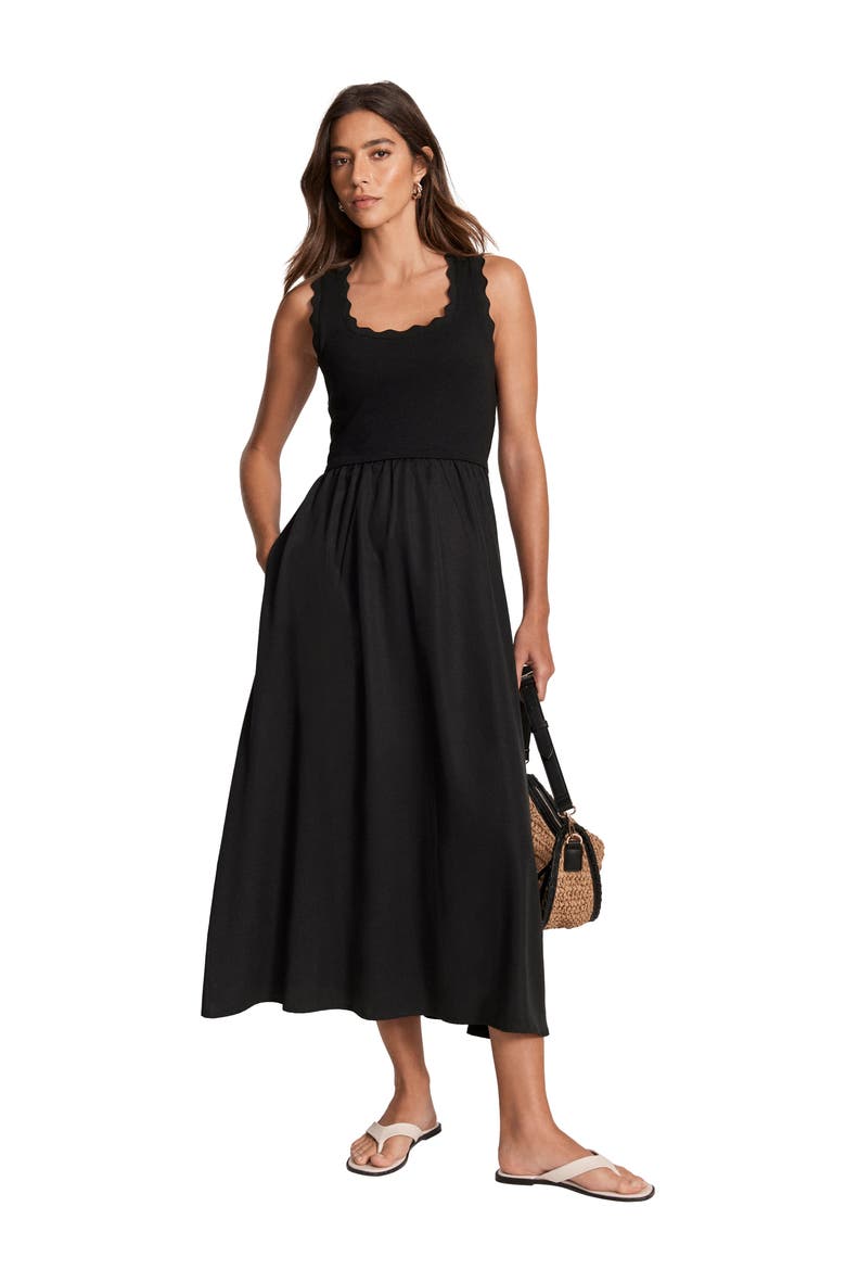 Scallop Short Sleeve Trim Midi Dress, Main, color, Black