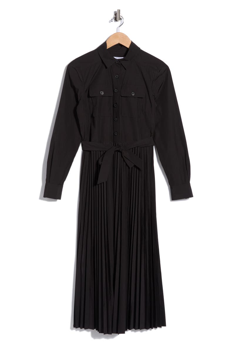 Kenza Pleated Long Sleeve Shirtdress, Main, color, BLACK