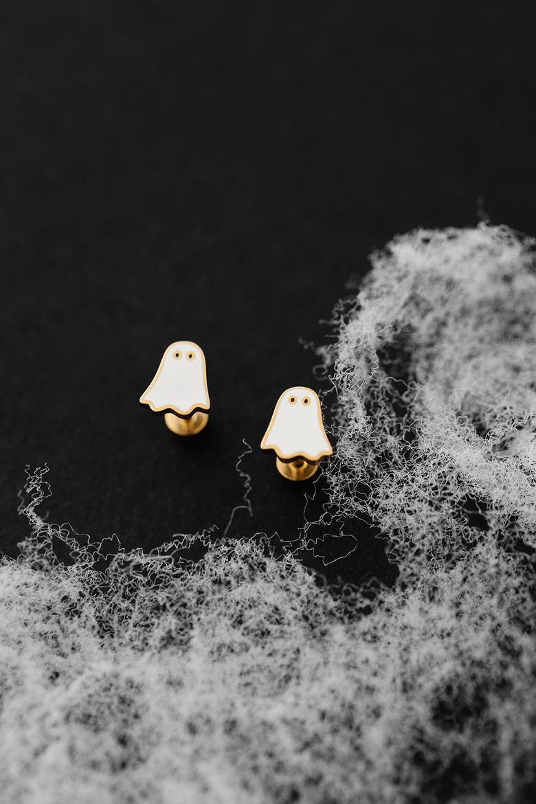 Girls' Ghost Flatback Stud Hypoallergenic Earrings, Alternate, color, White