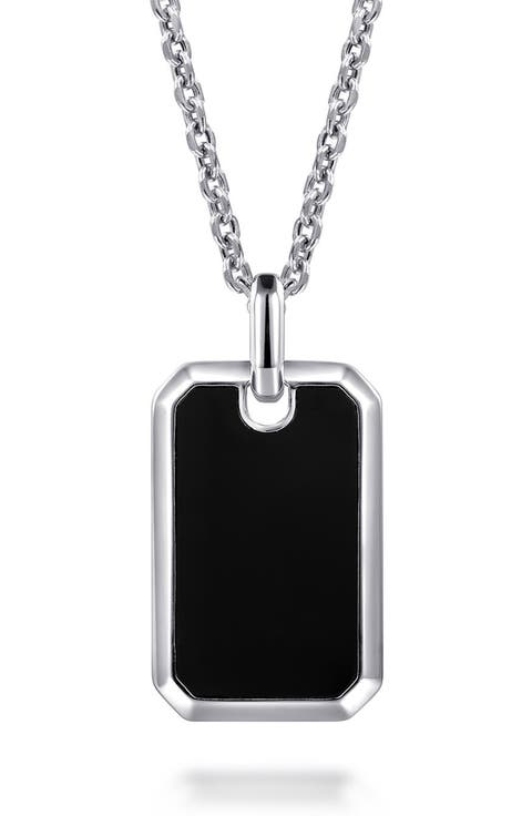 Men's 22-Inch Sterling Silver Onyx Dog Tag Necklace