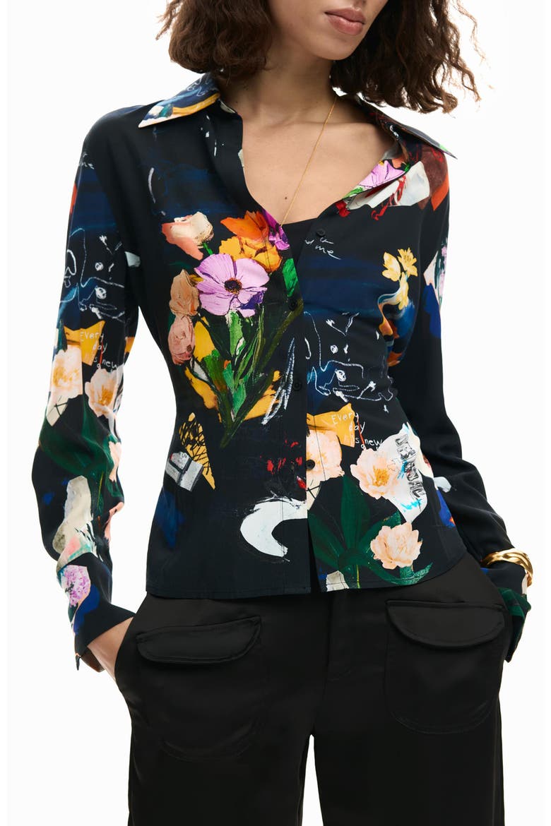 Printed Tie Back Button-Up Shirt, Main, color, BLACK
