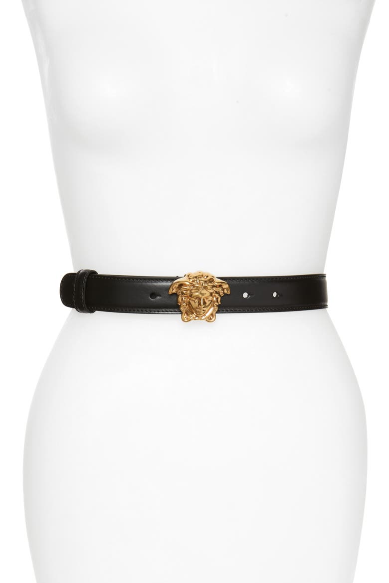 Medusa Calfskin Leather Belt, Main, color, BLACK- LIGHT GOLD