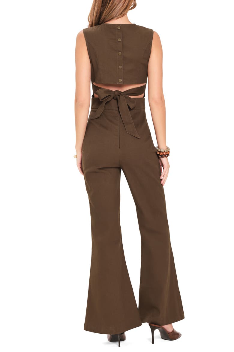 Sleeveless Tie Back Flare Leg Jumpsuit, Alternate, color, BROWN