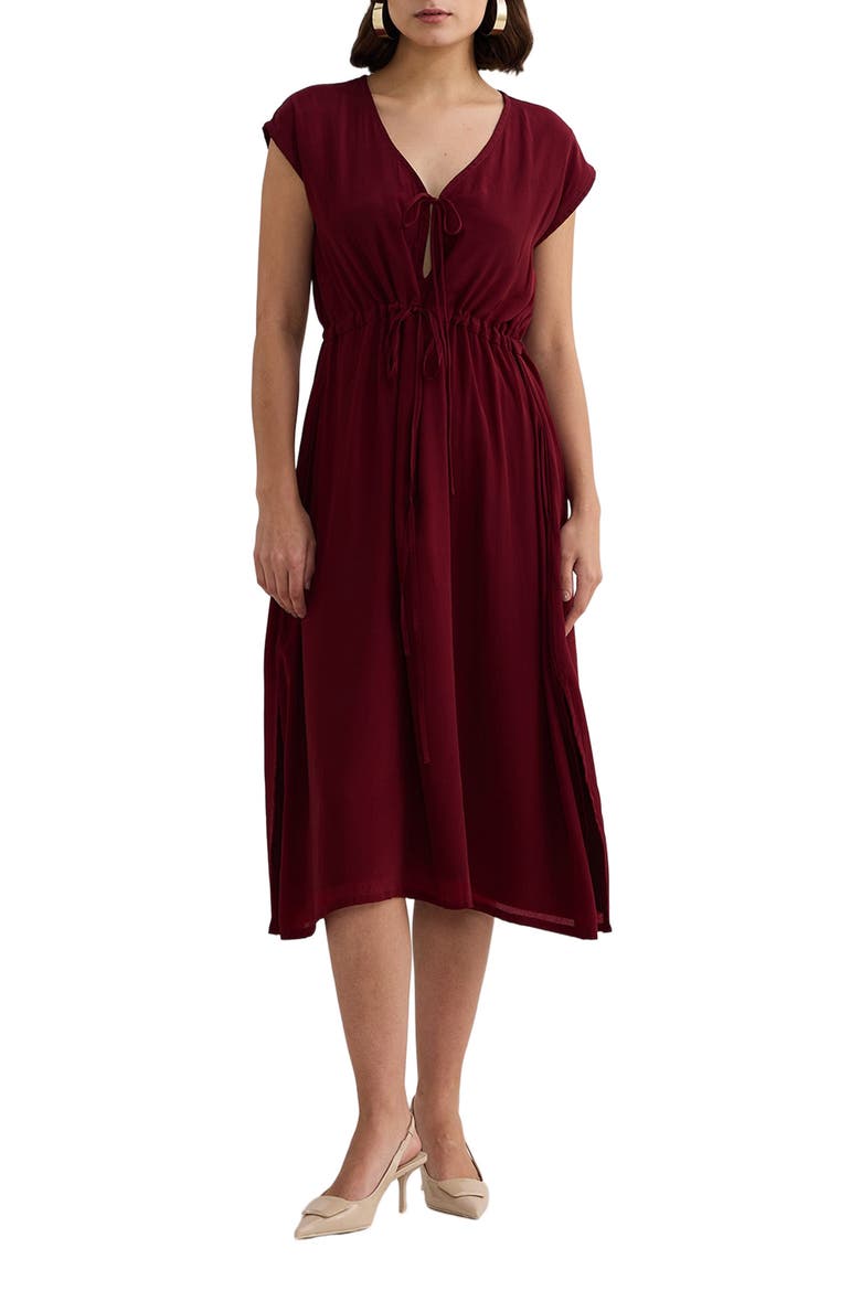 Deep V-neck Gathered Dress in Burgundy, Main, color, Burgundy