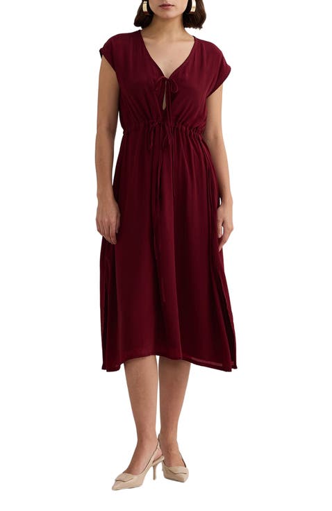 Deep V-neck Gathered Dress in Burgundy