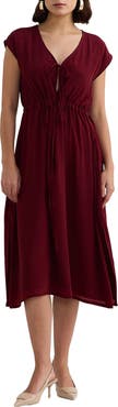 Reistor Deep V-neck Gathered Dress in Burgundy