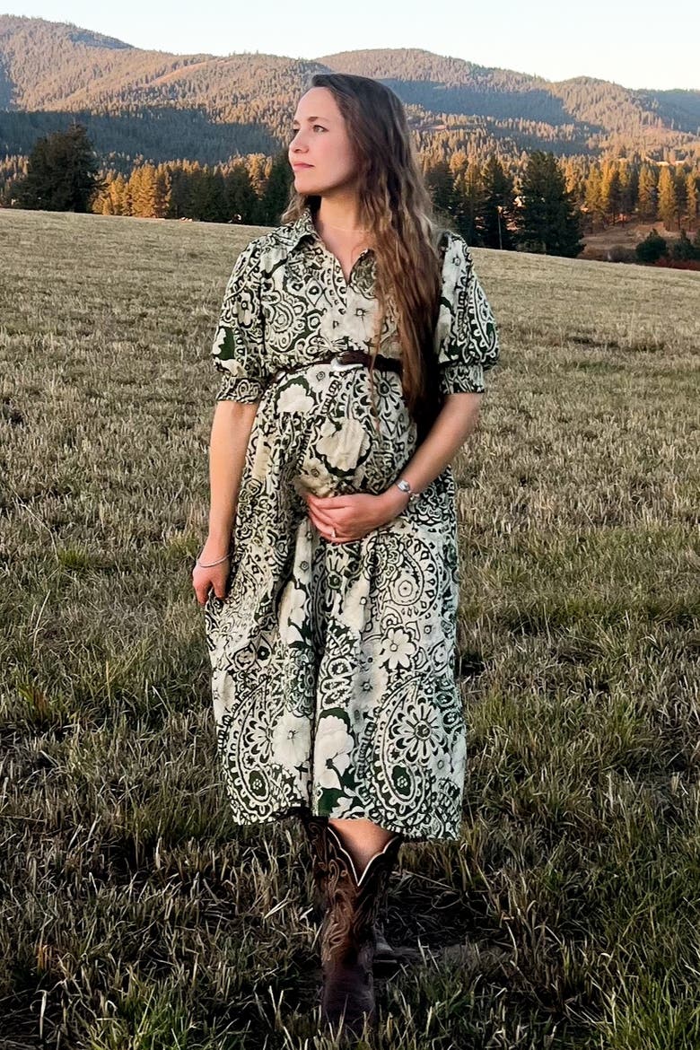 Floral Collared Tiered Midi Dress, Alternate, color, Olive Green