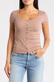 Abound Short Sleeve Ribbed Button Front Top