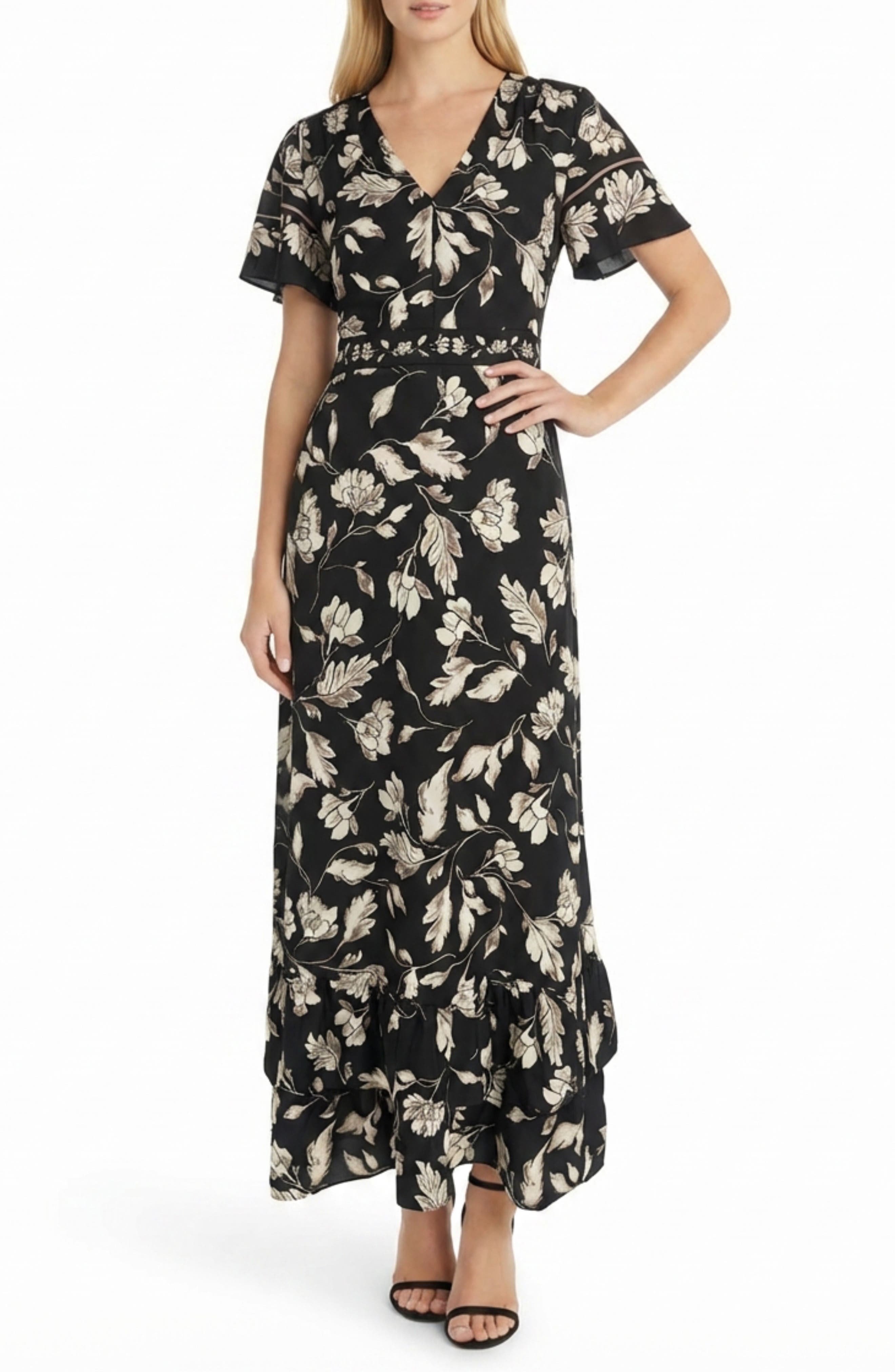 Maggy London Flutter Sleeve Tiered Ruffle Maxi Dress