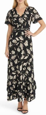 Maggy London Flutter Sleeve Tiered Ruffle Maxi Dress