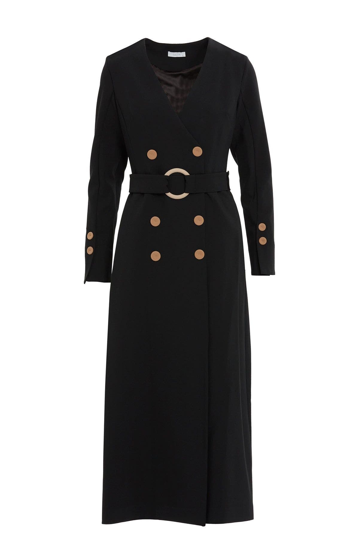 Gizia Detachable Buckle Belted Midi Black Dress