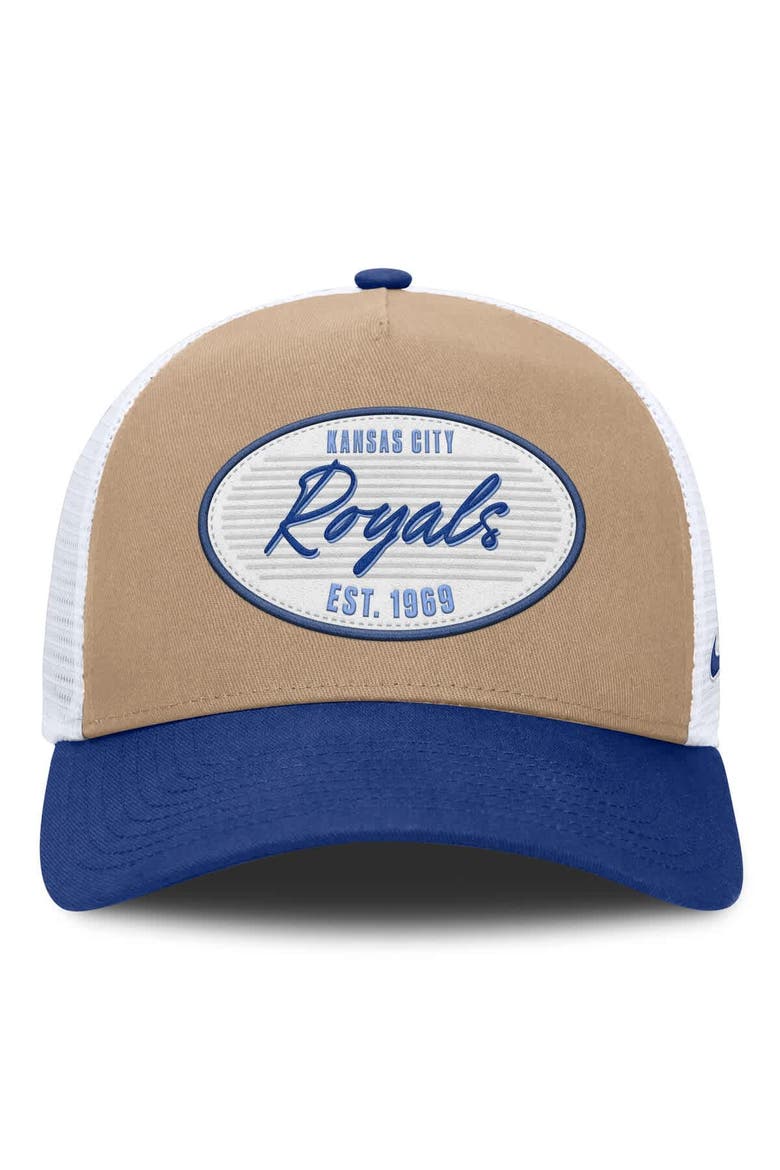 Men's Nike  Khaki/Royal Kansas City Royals Rise A-Frame Trucker Adjustable Hat, Alternate, color, Khaki