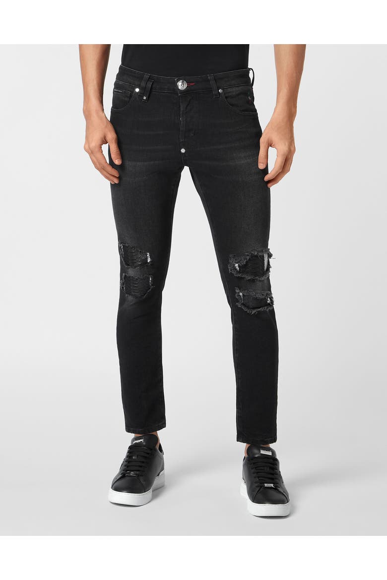 Denim Trousers Skinny Fit With Python Inserts Men, Main, color, marblegrey