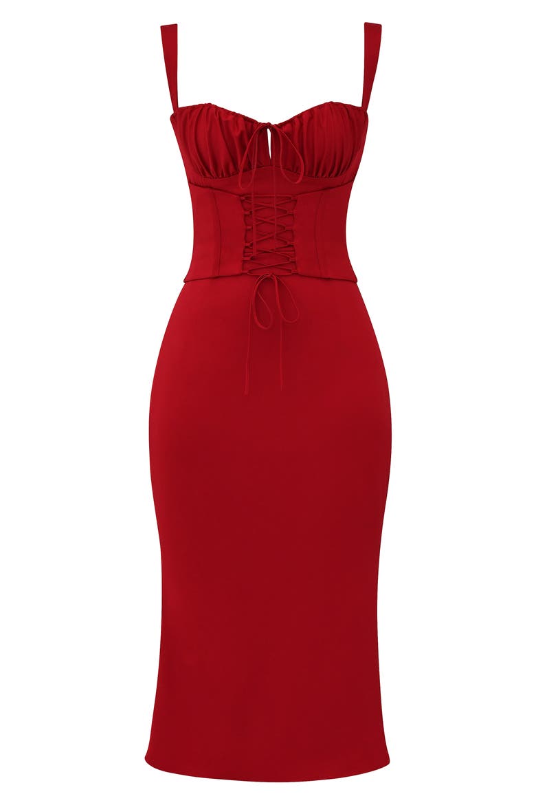 Valencia Duchess Satin Corset Midi Dress, Alternate, color, RED ROSE