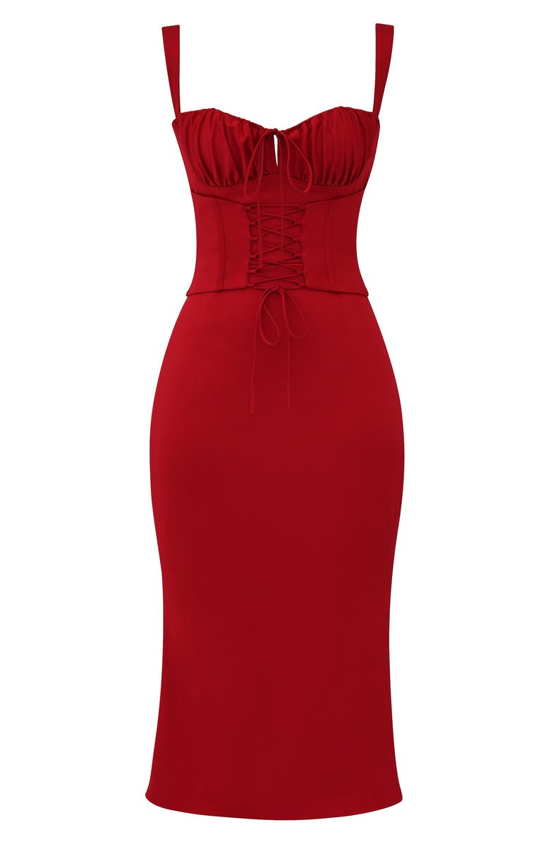 HOUSE OF CB Valencia Duchess Satin Corset Midi Dress, Alternate, color, Red Rose