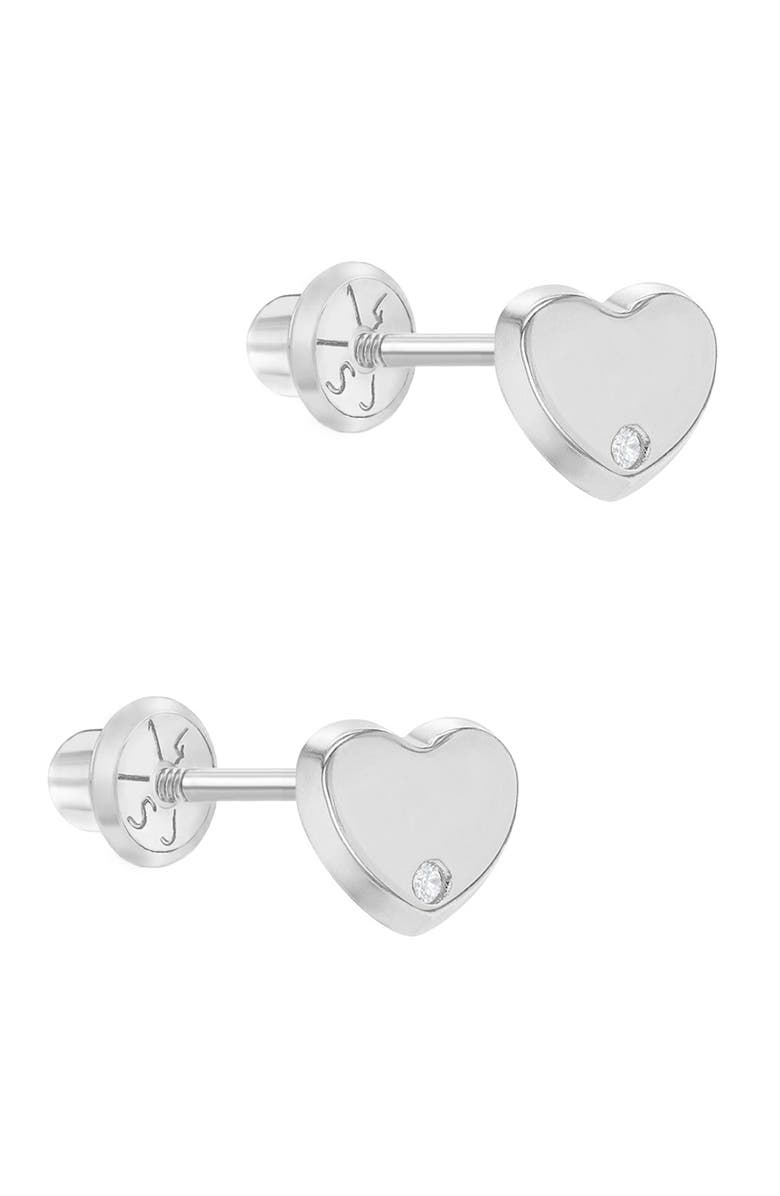 In Season Jewelry 14k Heart Diamond Screw Back Earrings, Alternate, color, Silver