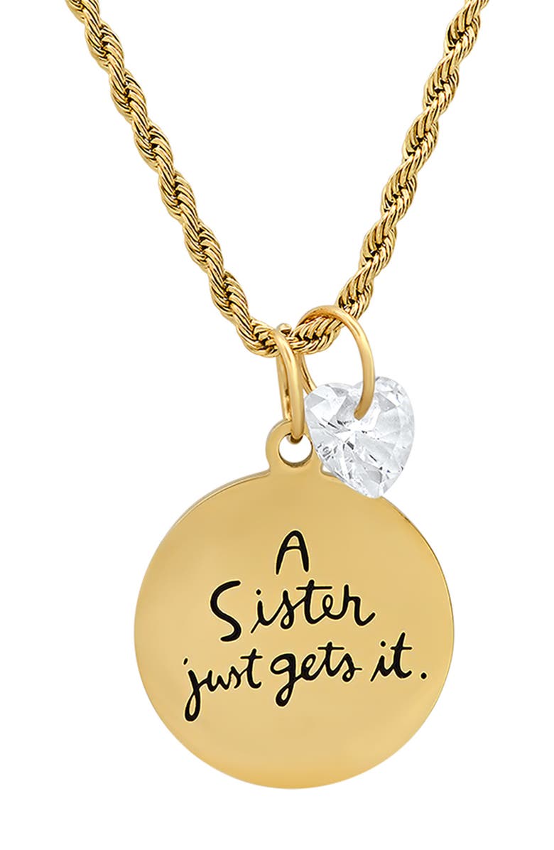 HMY JEWELRY Swarovski Crystal Charm Sister Stamped Pendant Necklace, Alternate, color, Yellow
