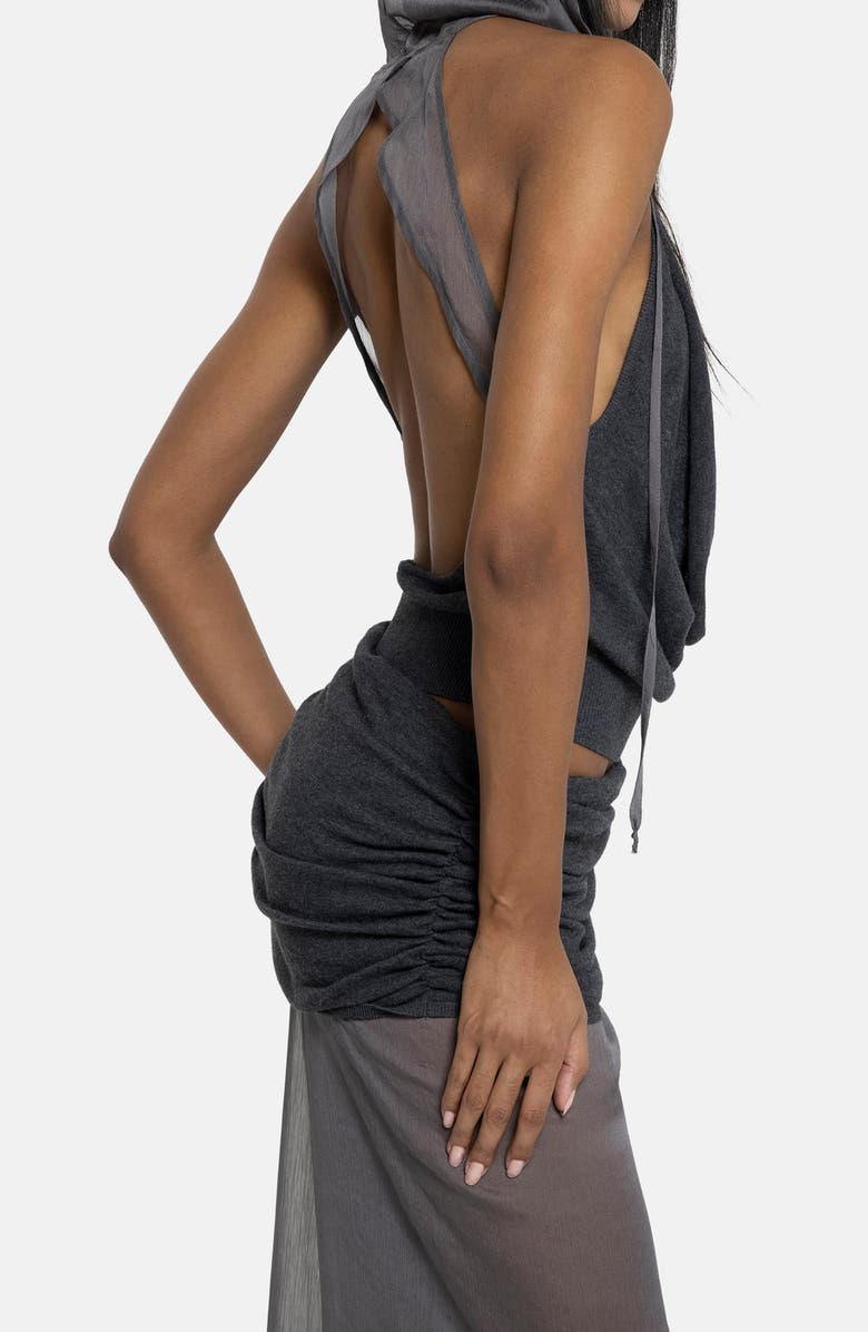 JADED LONDON Plunge Neck Knit Chiffon Hooded Top, Alternate, color, Grey