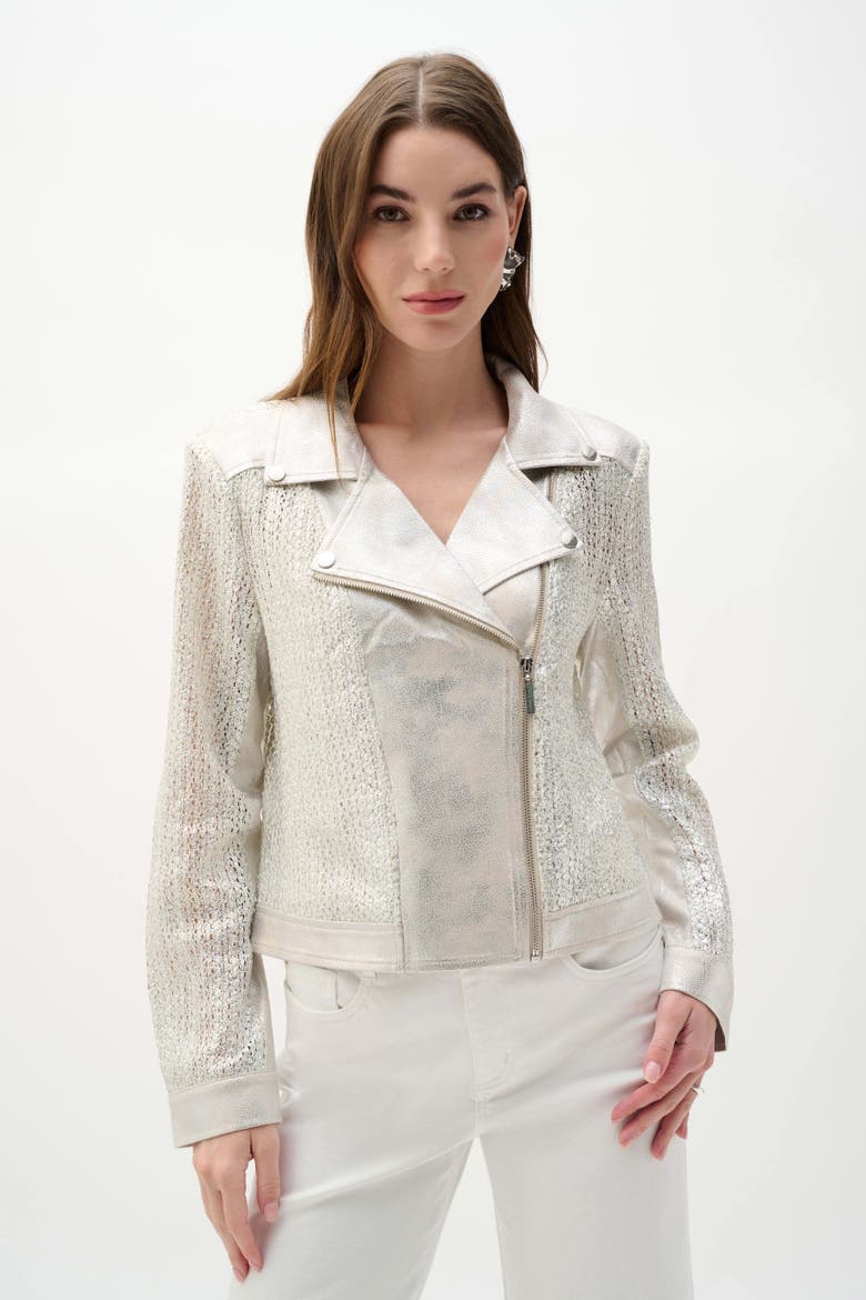 Faux Suede Foiled Knit Moto Jacket, Main, color, Champagne/Silver