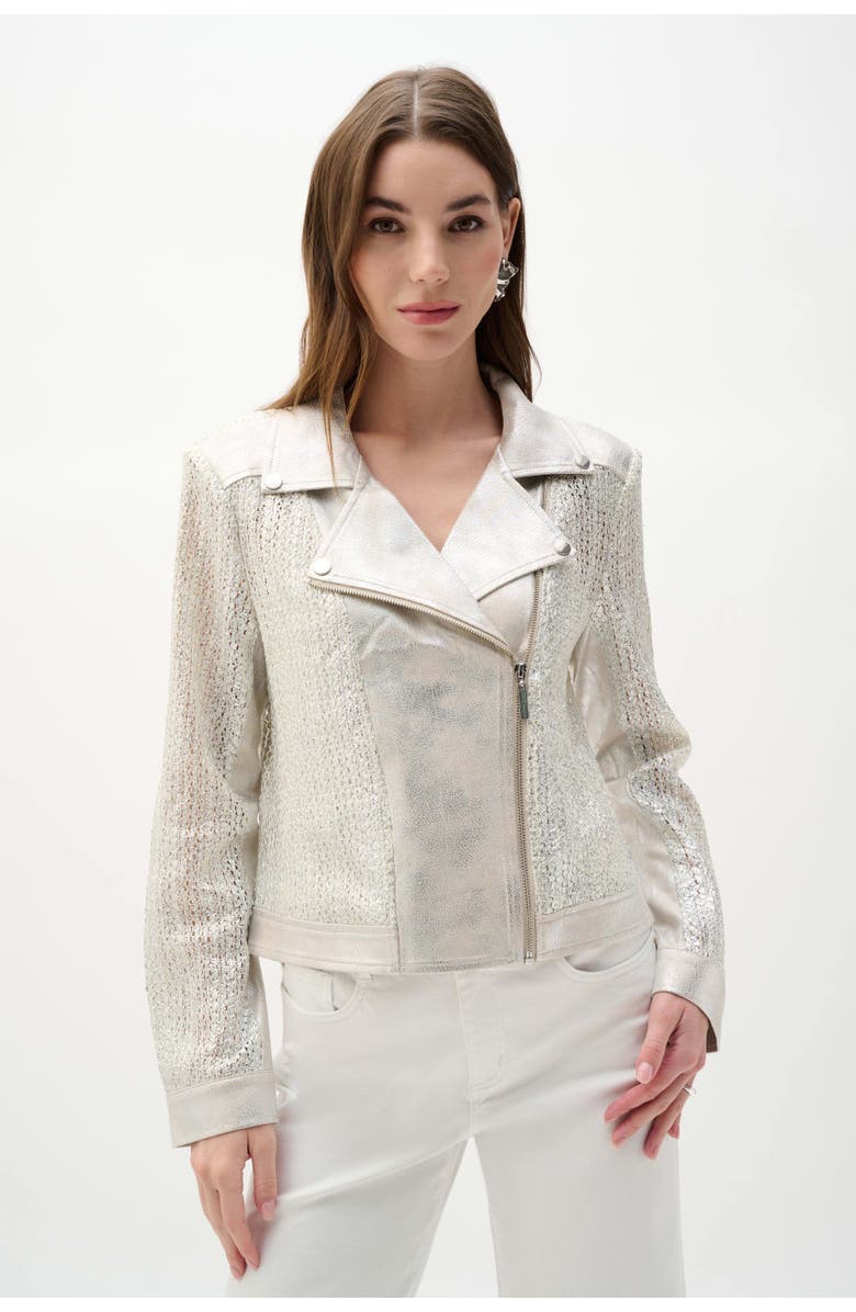 Joseph Ribkoff Faux Suede Foiled Knit Moto Jacket, Main, color, Champagne/Silver
