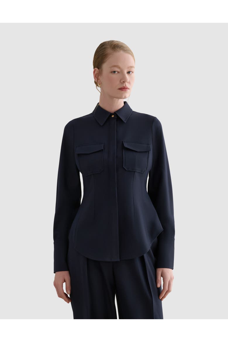 Dannie Cinched-Waist Collard Shirt, Main, color, Hobbs Navy