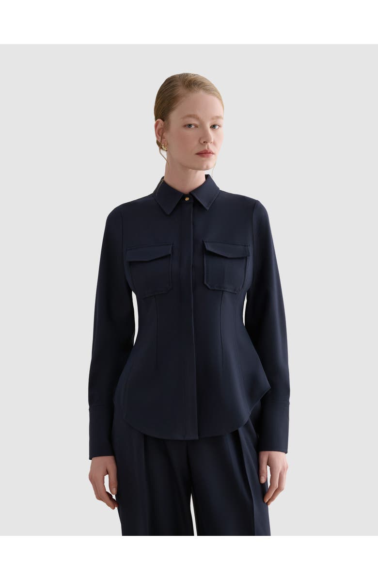 HOBBS LONDON Dannie Cinched-Waist Collard Shirt, Main, color, Hobbs Navy