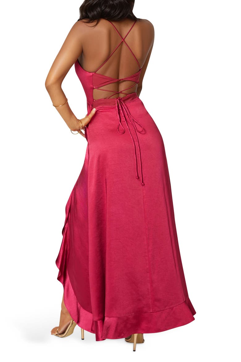 Lace-Up Back Ruffle Satin Maxi Dress, Alternate, color, RASPBERRY