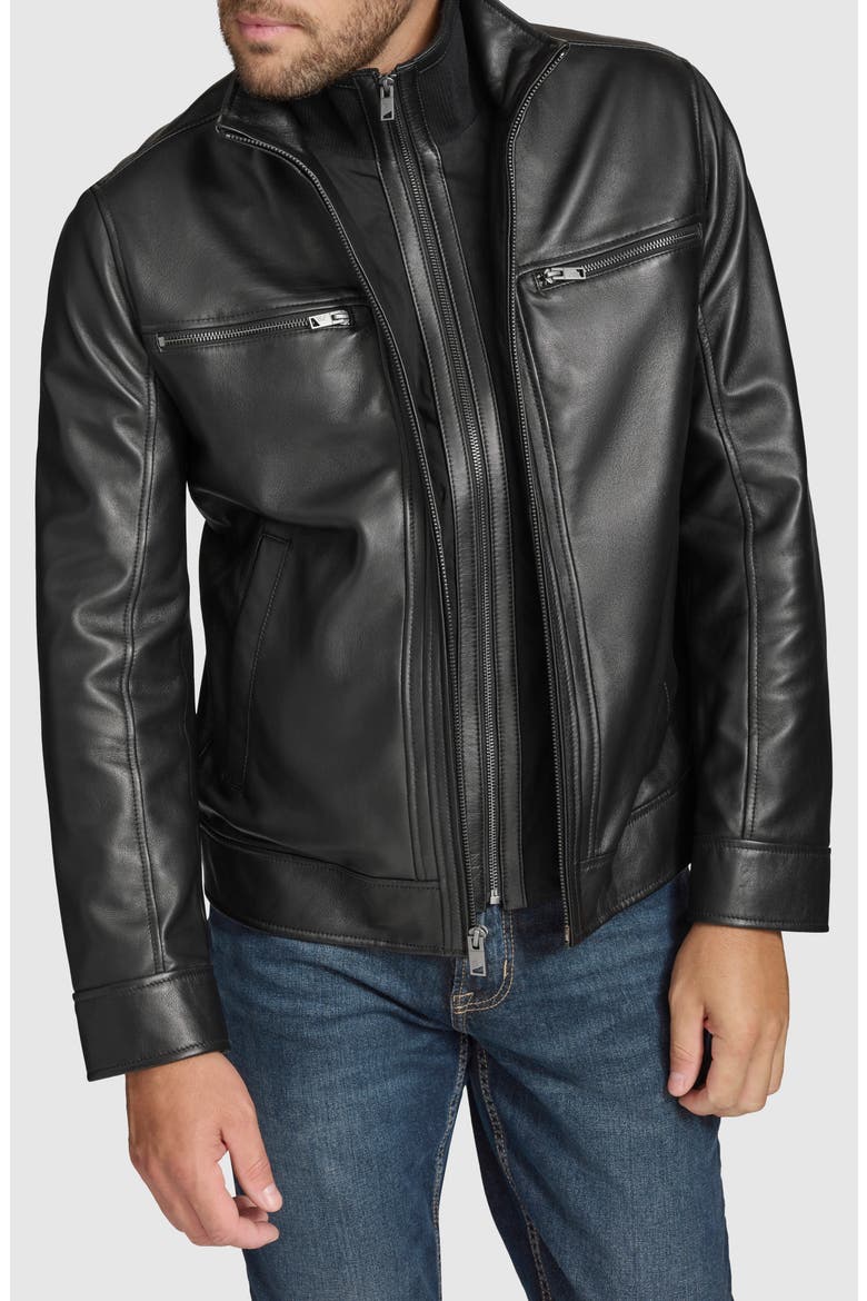 Leather Moto Jacket with Attached Bib, Main, color, BLACK