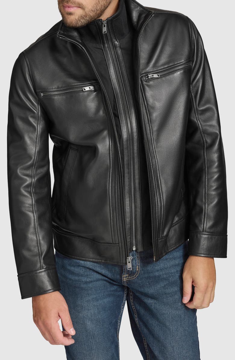 Andrew Marc Leather Moto Jacket with Attached Bib, Main, color, Black