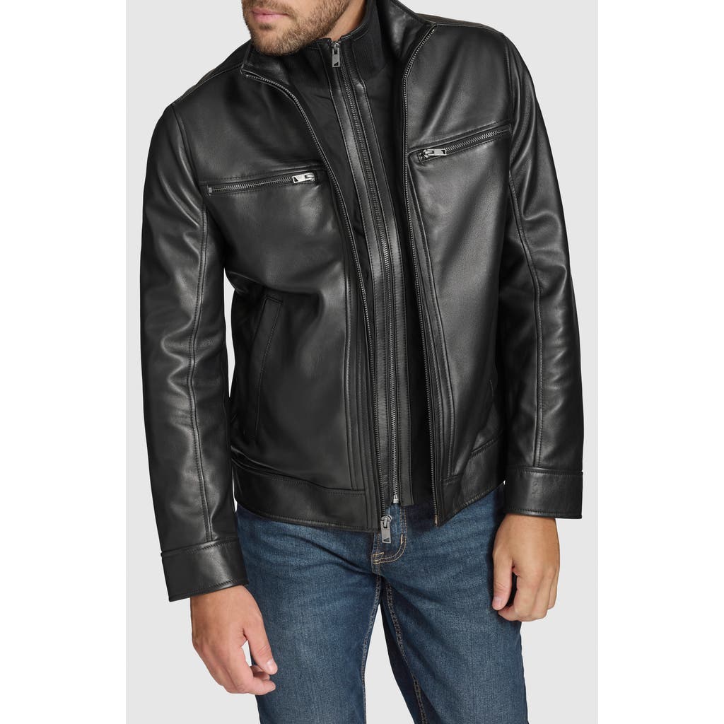 Andrew Marc Leather Moto Jacket With Attached Bib In Black