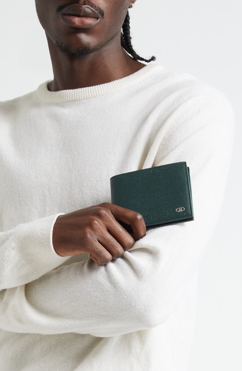 FERRAGAMO Micro Gancio Leather Bifold Wallet, Alternate, color, Moss