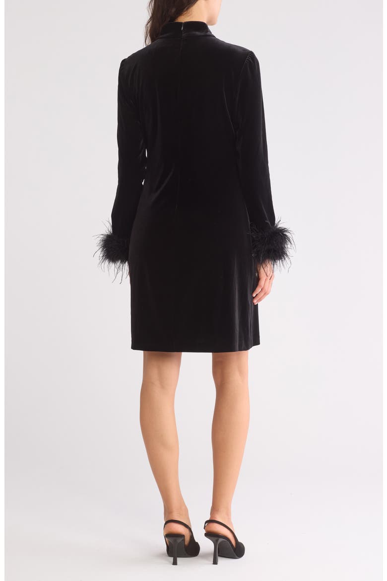 Feather Cuff Long Sleeve Velvet Cocktail Dress, Alternate, color, BLACK