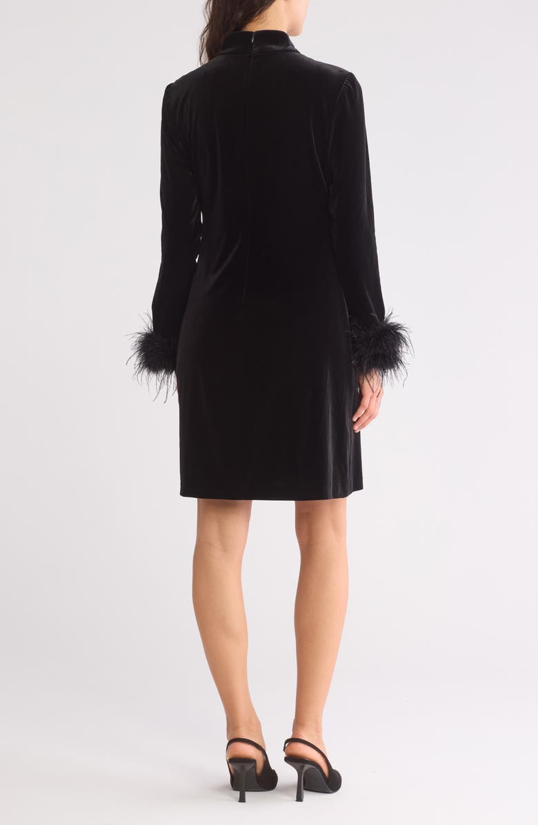 Eliza J Feather Cuff Long Sleeve Velvet Cocktail Dress, Alternate, color, Black