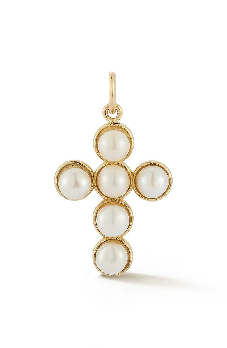 Ember Fine Jewelry 14K Gold Cultured Pearl Cross Charm, Main, color, Gold/ White