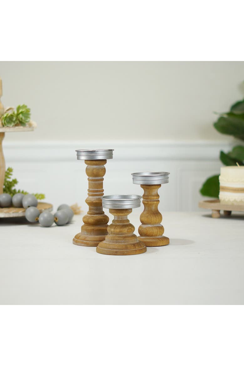 Wood Brown Turned Tapered Candle Holders, 8 Inch Decorative Candle Holder Set of 3, Alternate, color, Brown
