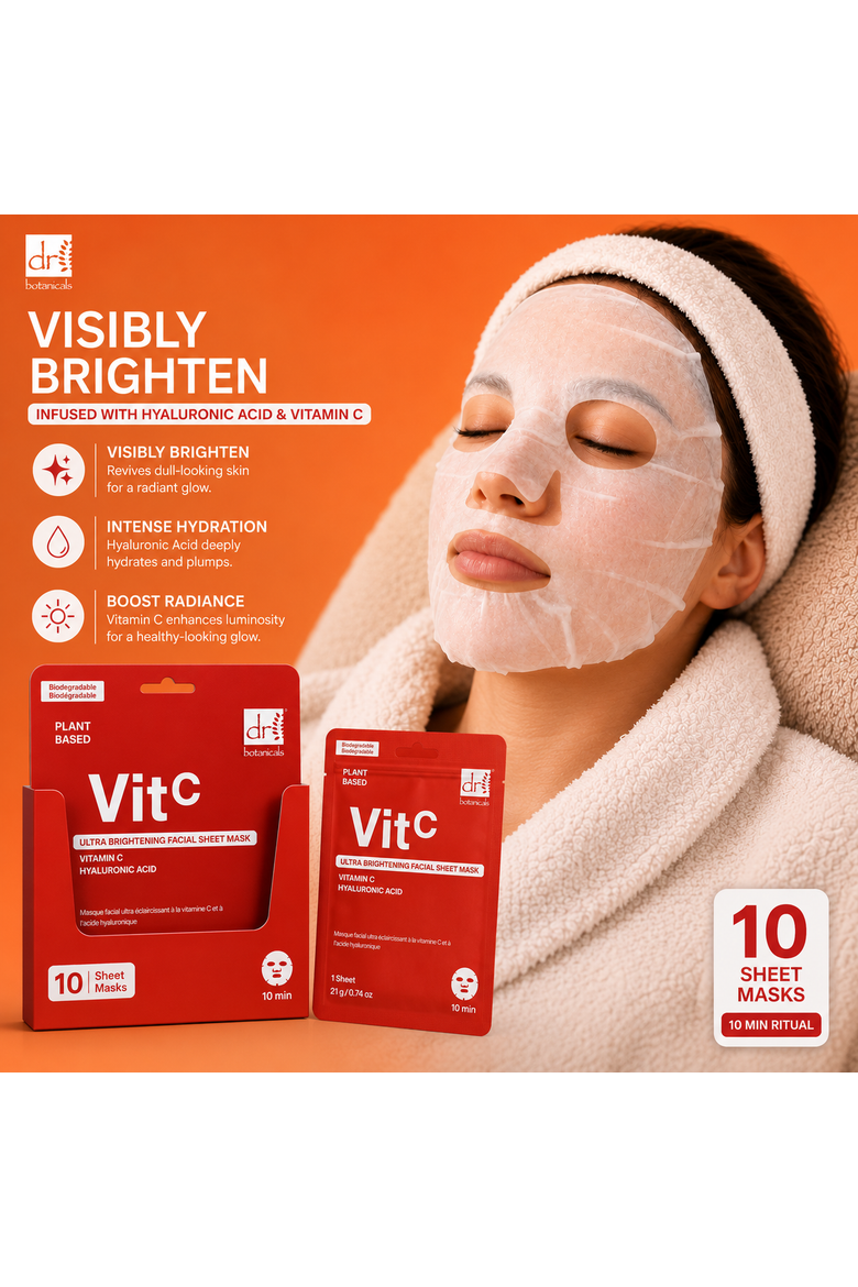 Dr Botanicals Ultra Brightening Facial Mask with Vitamin C and Hyaluronic Acid Pack of 10 for Dryness, Fine Lines & Wrinkles, Alternate, color, White