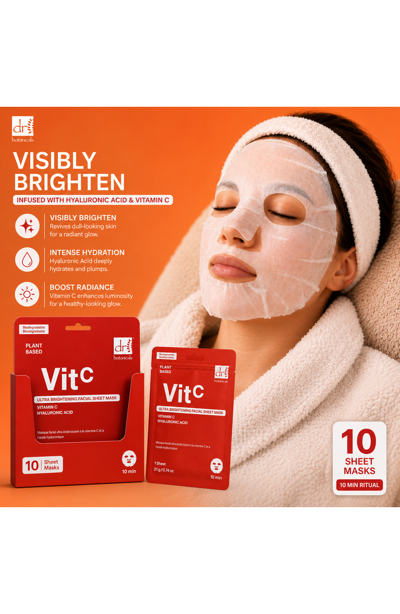 Dr. Botanicals Dr Botanicals Ultra Brightening Facial Mask with Vitamin C and Hyaluronic Acid Pack of 10 for Dryness, Fine Lines & Wrinkles, Alternate, color, White