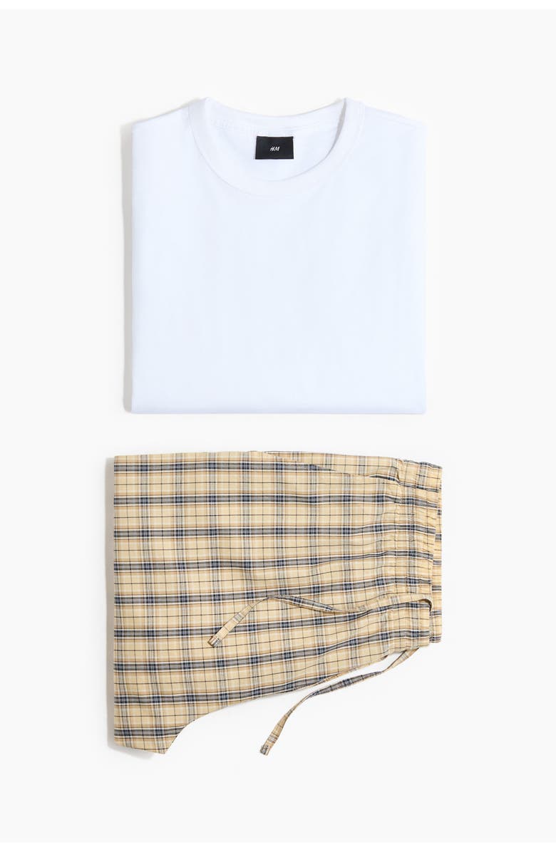 H&M 2-piece Cotton Loungewear Set, Main, color, Light Yellow/Checked