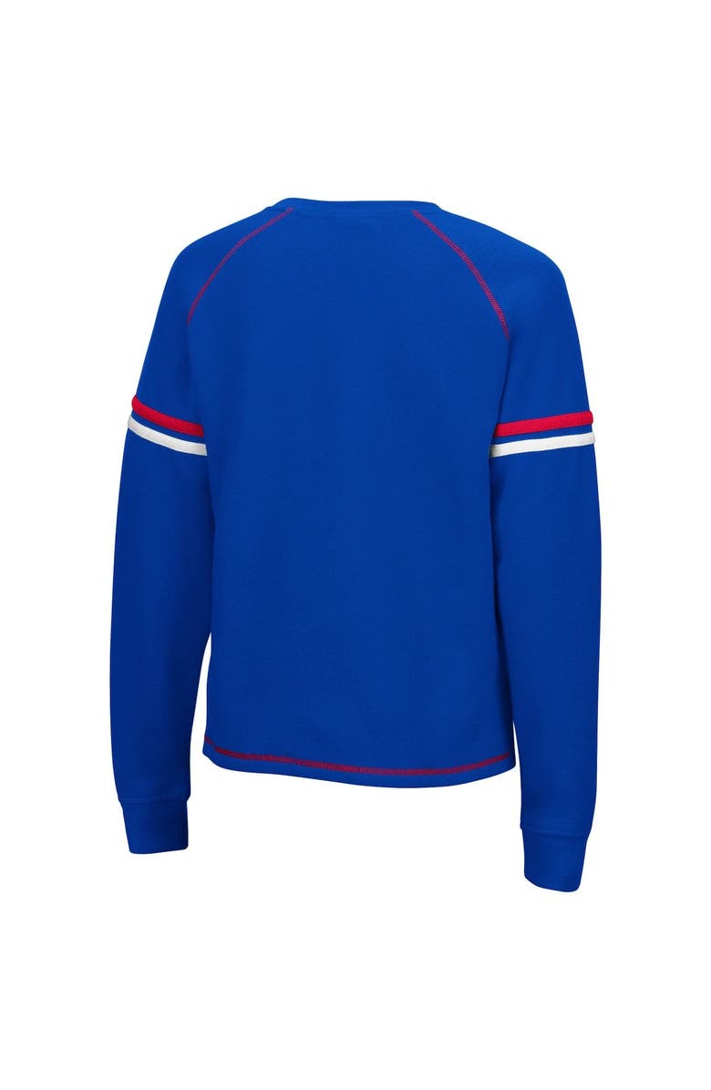 COLOSSEUM Women's Colosseum Royal Kansas Jayhawks Sweep Pass Sleeve Stripe Raglan Pullover Sweatshirt, Alternate, color,