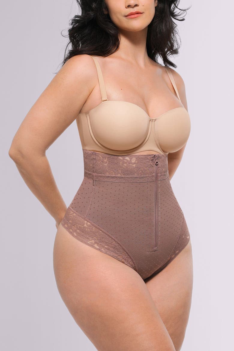 AirSlim High-Waisted Polka Dot Shaping Thong, Alternate, color, Warm Taupe