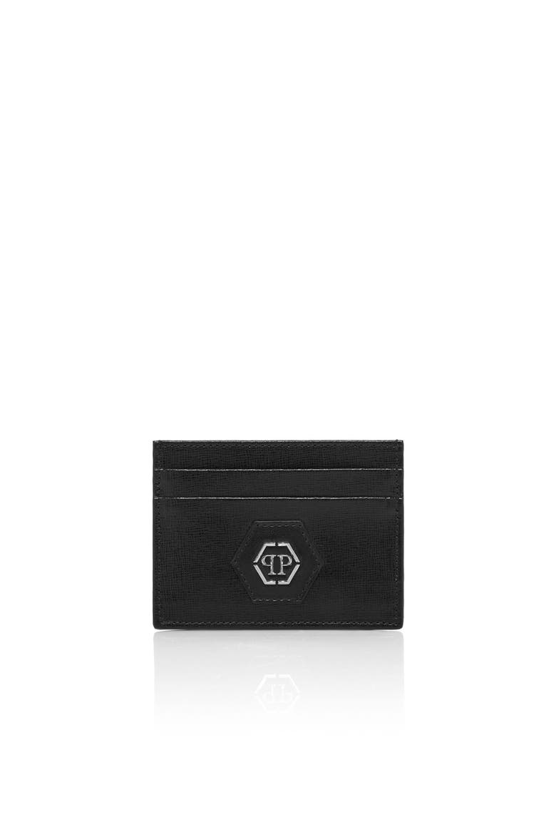 Saffiano Leather Card Holder Hexagon Unisex, Main, color, black