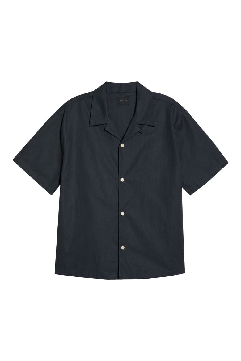 Elai Solid Cotton & Linen Camp Shirt, Alternate, color, BLACK