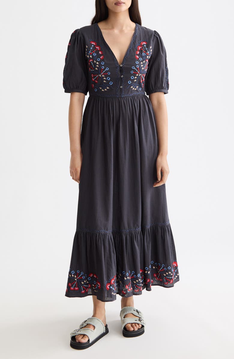 Scotch & Soda Embroidered Puff Sleeve Tiered Cotton & Linen Maxi Dress, Main, color, Charcoal Art