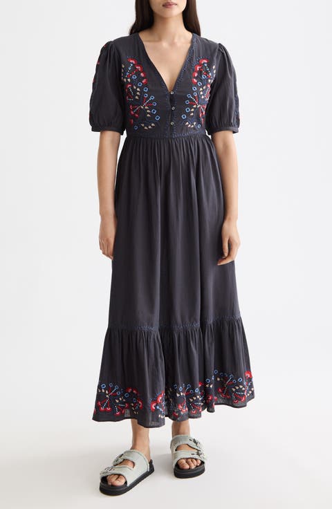Embroidered Puff Sleeve Tiered Cotton & Linen Maxi Dress
