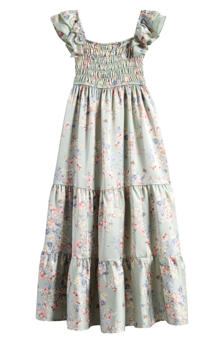 Ava & Yelly Kids' Floral Smocked Bodice Satin Maxi Dress, Alternate, color, 
