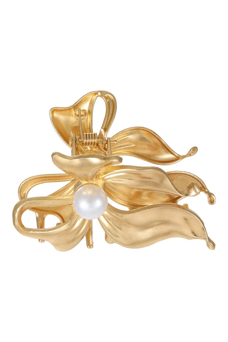 Faux Pearl Bow Claw Clip, Main, color, GOLD