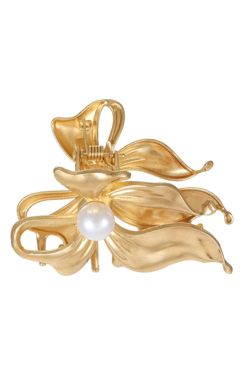 Ettika Faux Pearl Bow Claw Clip, Main, color, Gold