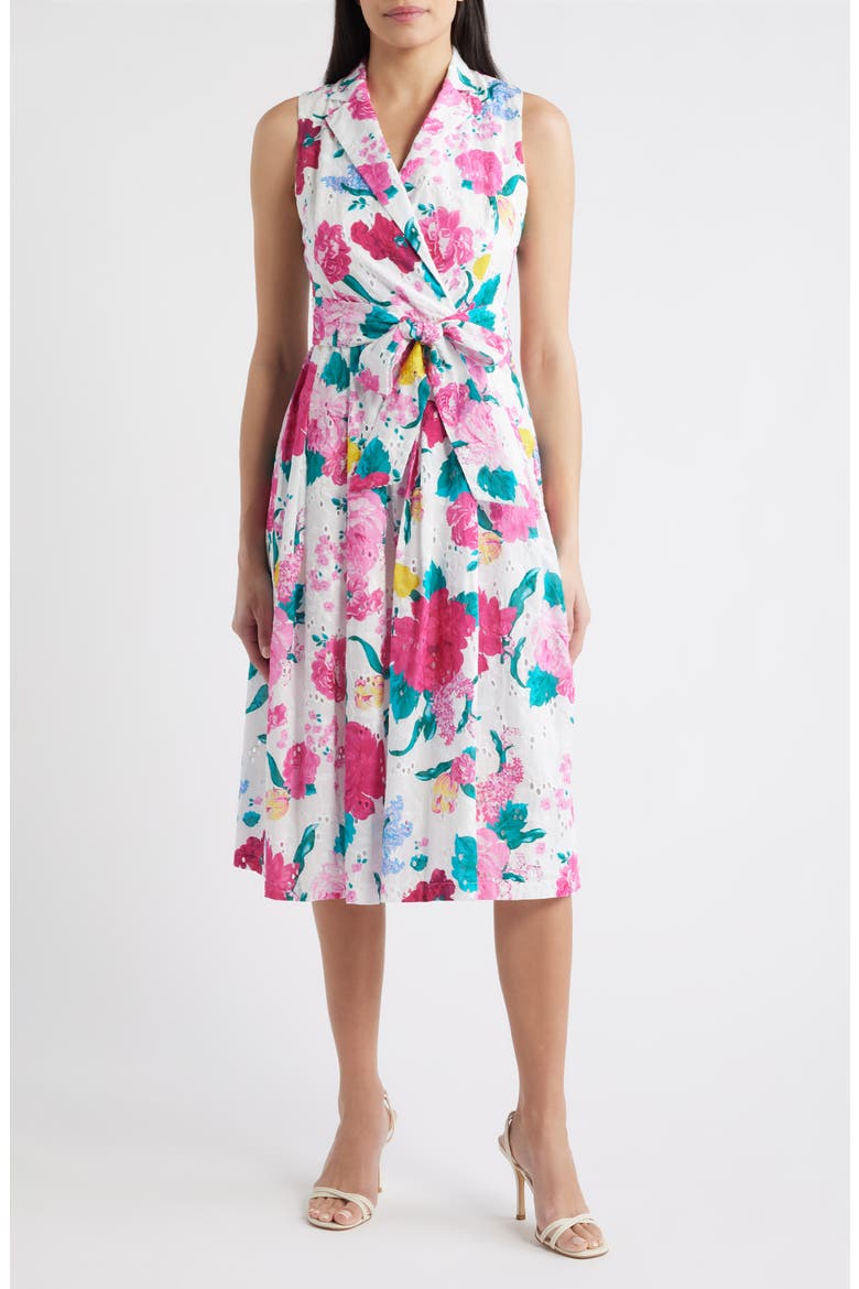 Floral Print Eyelet Midi Wrap Dress, Main, color, CRISPT WHITE MULTI