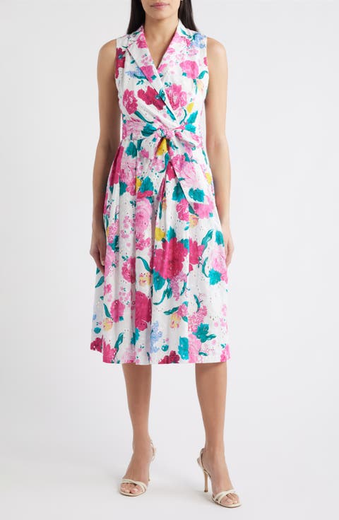 Anne Klein Floral Print Eyelet Midi Wrap Dress (Regular & Petite)