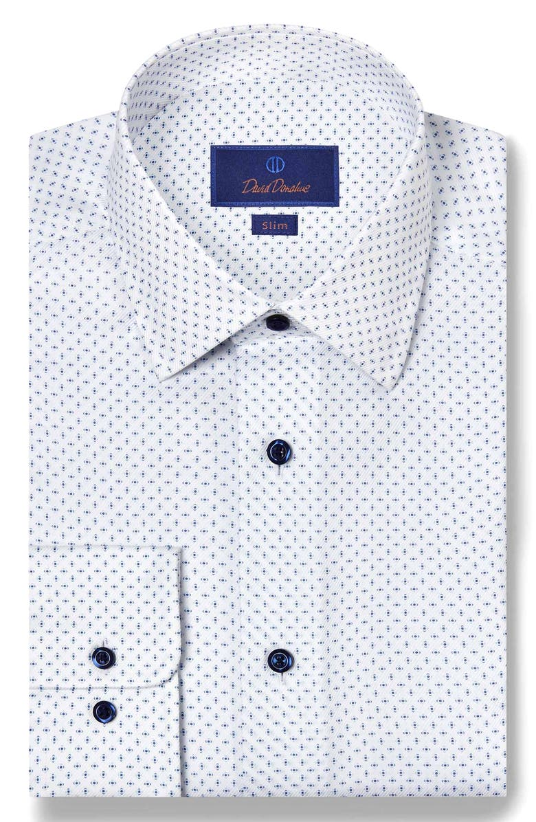 David Donahue Slim Fit Neat Stretch Cotton Dress Shirt, Main, color, White/ Navy
